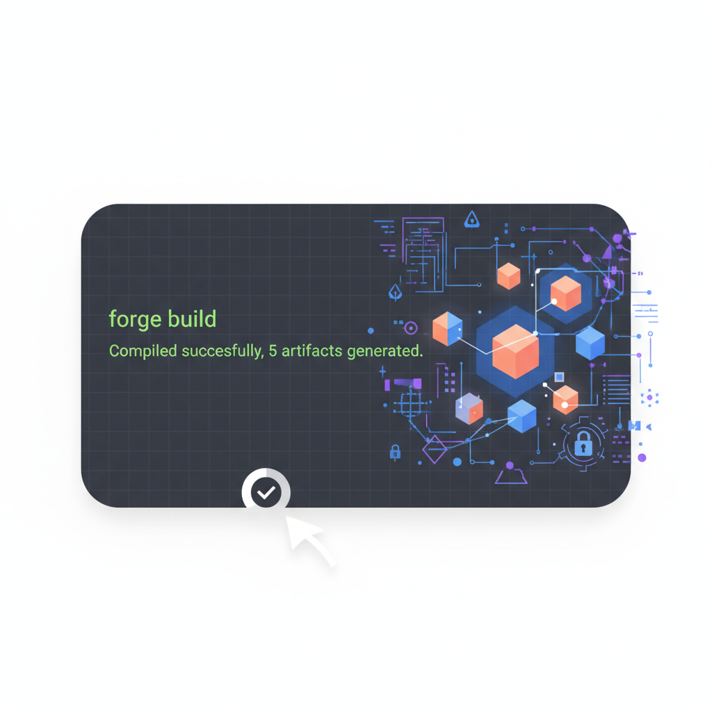 forge build command succeeding in terminal, compiled artifacts glowing, encrypted data visualization