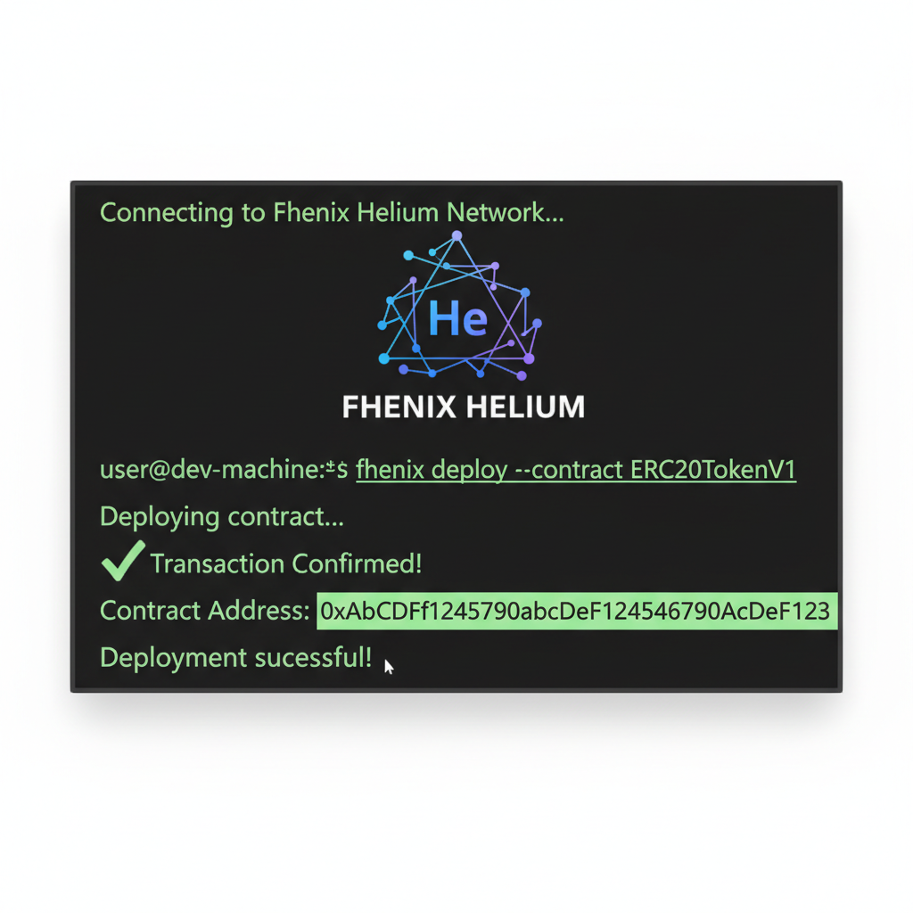 deployment transaction in terminal, contract address confirmed, Fhenix Helium network graphic