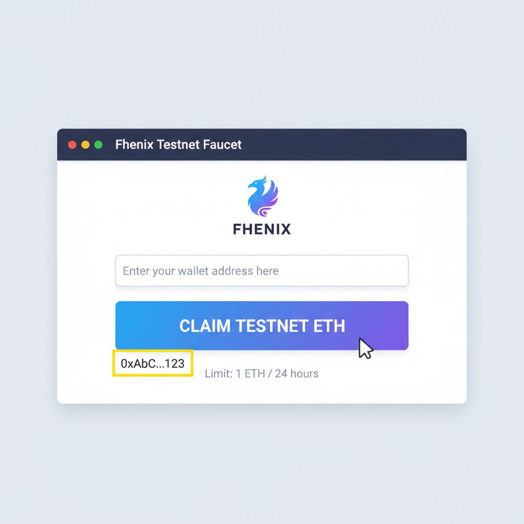 browser faucet page claiming testnet ETH, Fhenix logo, wallet address highlighted
