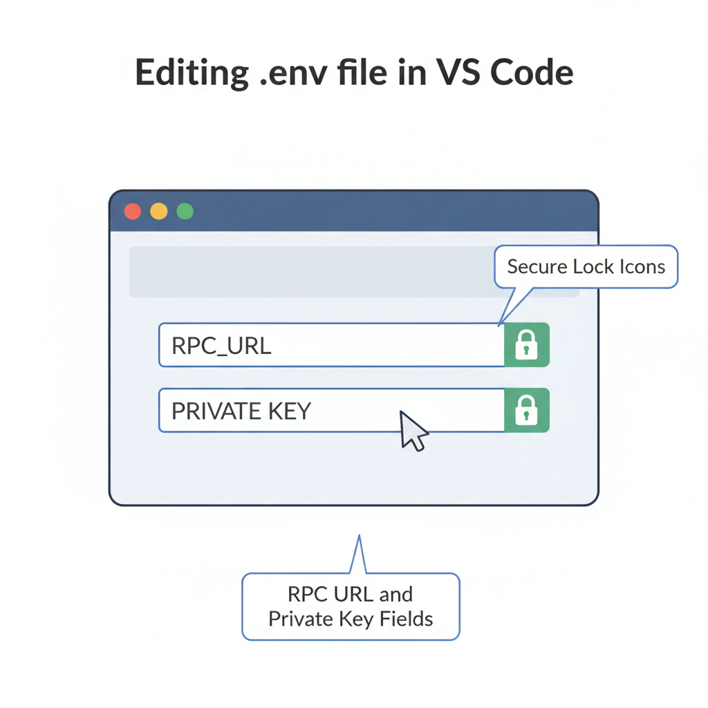 editing .env file in VS Code, RPC URL and private key fields, secure lock icons