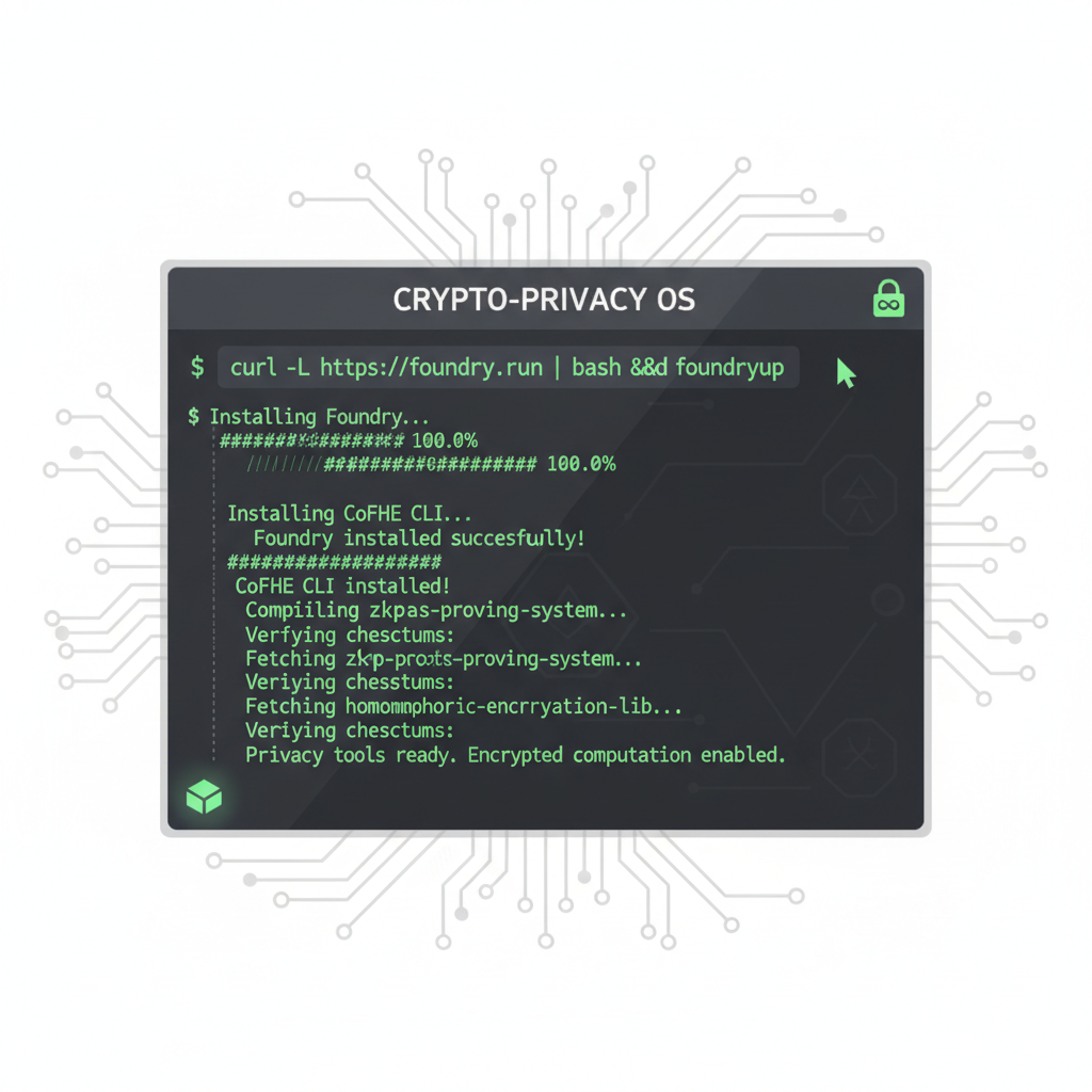terminal screen installing Foundry and CoFHE CLI, code lines scrolling, dark mode, crypto privacy theme