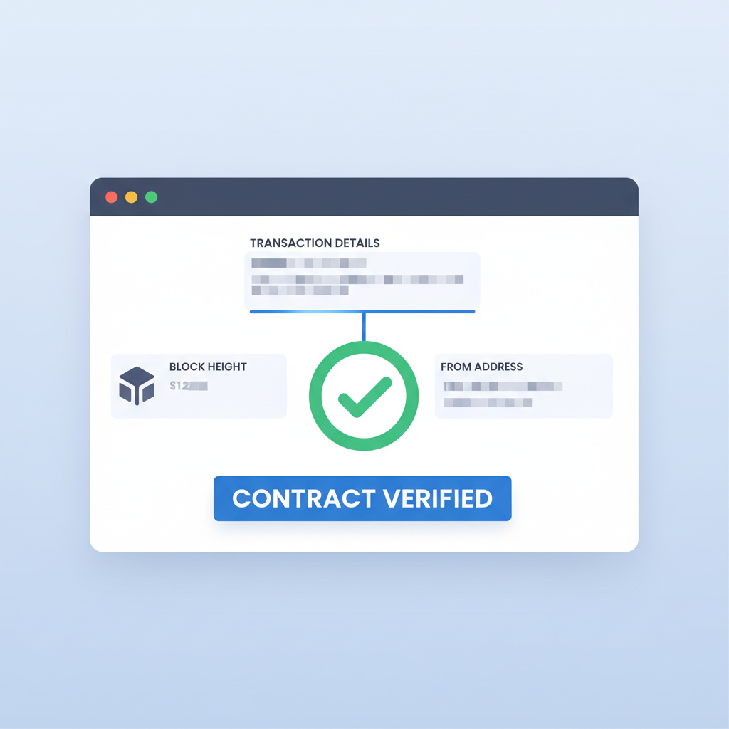 block explorer verifying contract, transaction details blurred for privacy, success checkmark