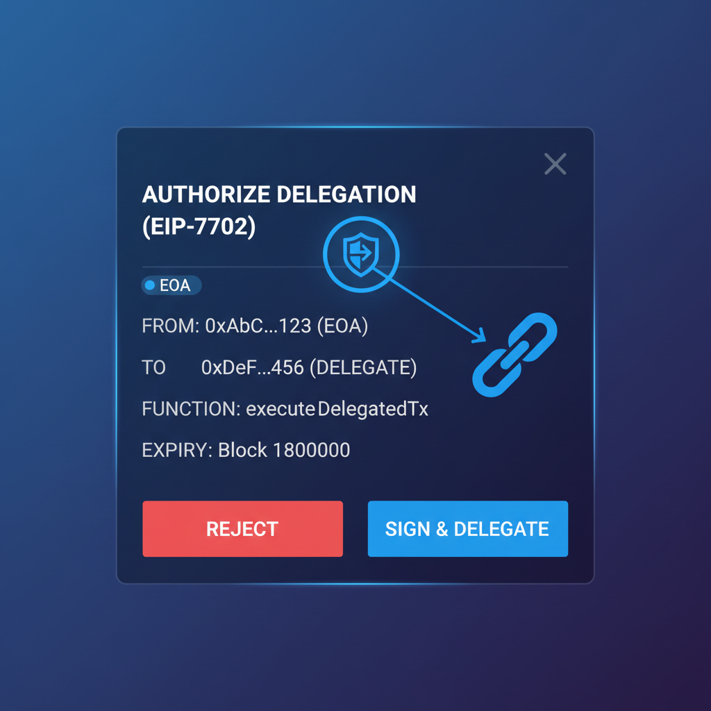 Ethereum wallet interface showing EOA signing EIP-7702 delegation auth transaction, glowing blue delegation marker, futuristic UI, clean design