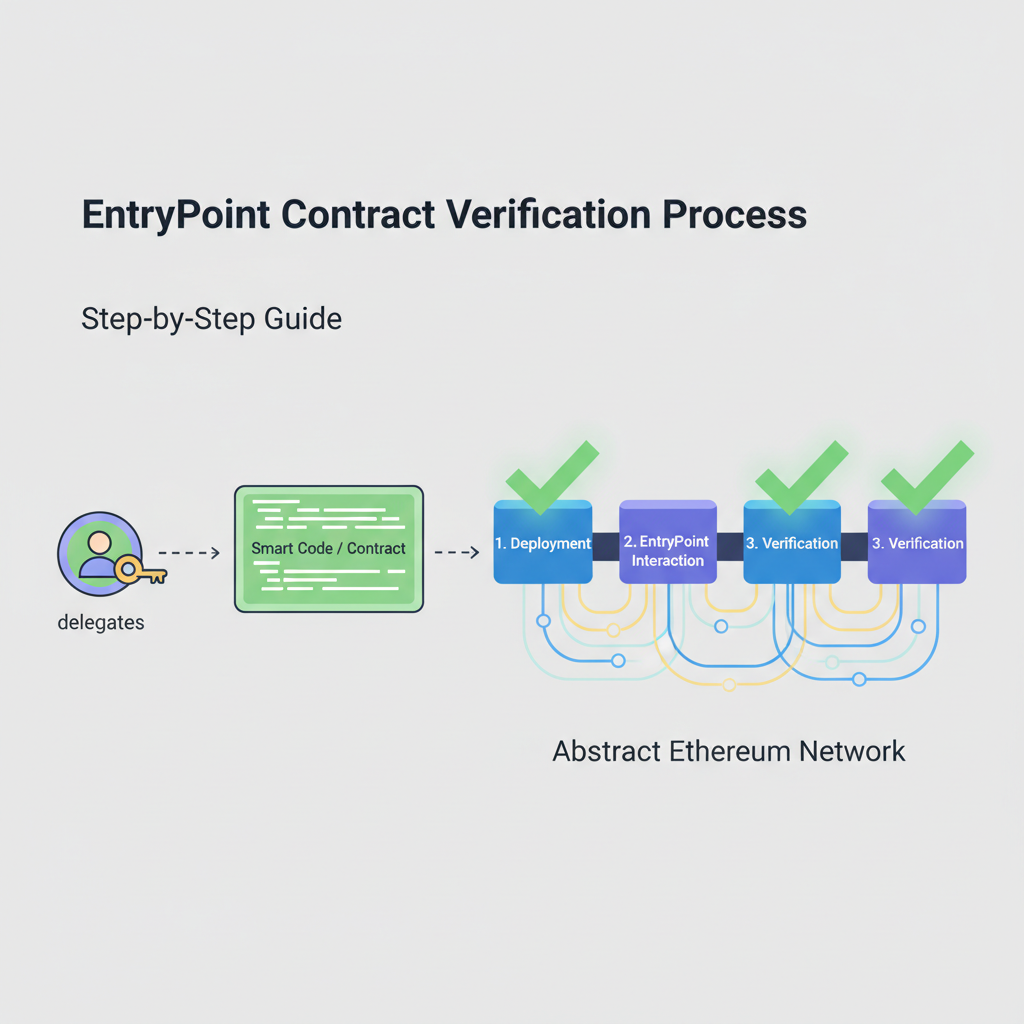 EntryPoint contract verification process visualization, green checkmarks on blockchain blocks, EOA delegating to smart code, abstract Ethereum network