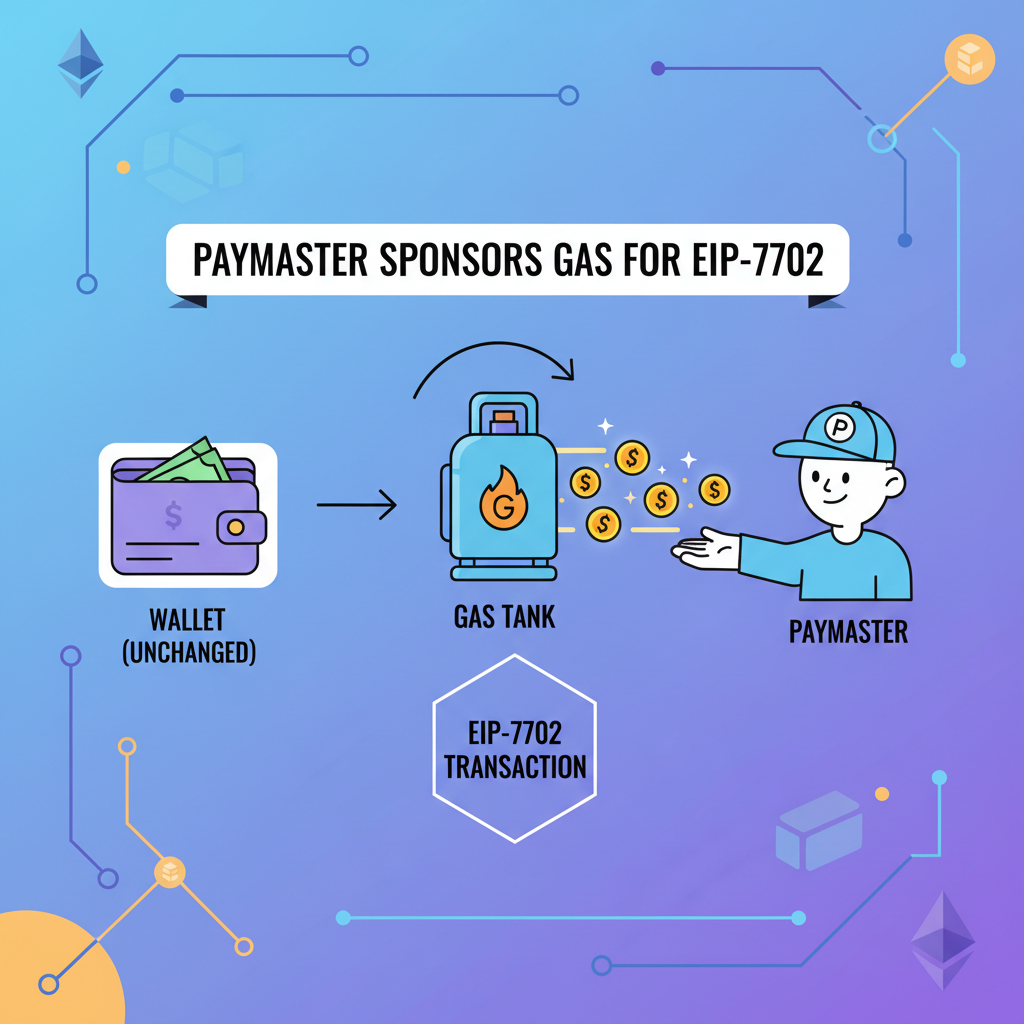 Paymaster sponsoring gas for EIP-7702 transaction, money icons flowing to gas tank, wallet unchanged, vibrant Ethereum ecosystem illustration
