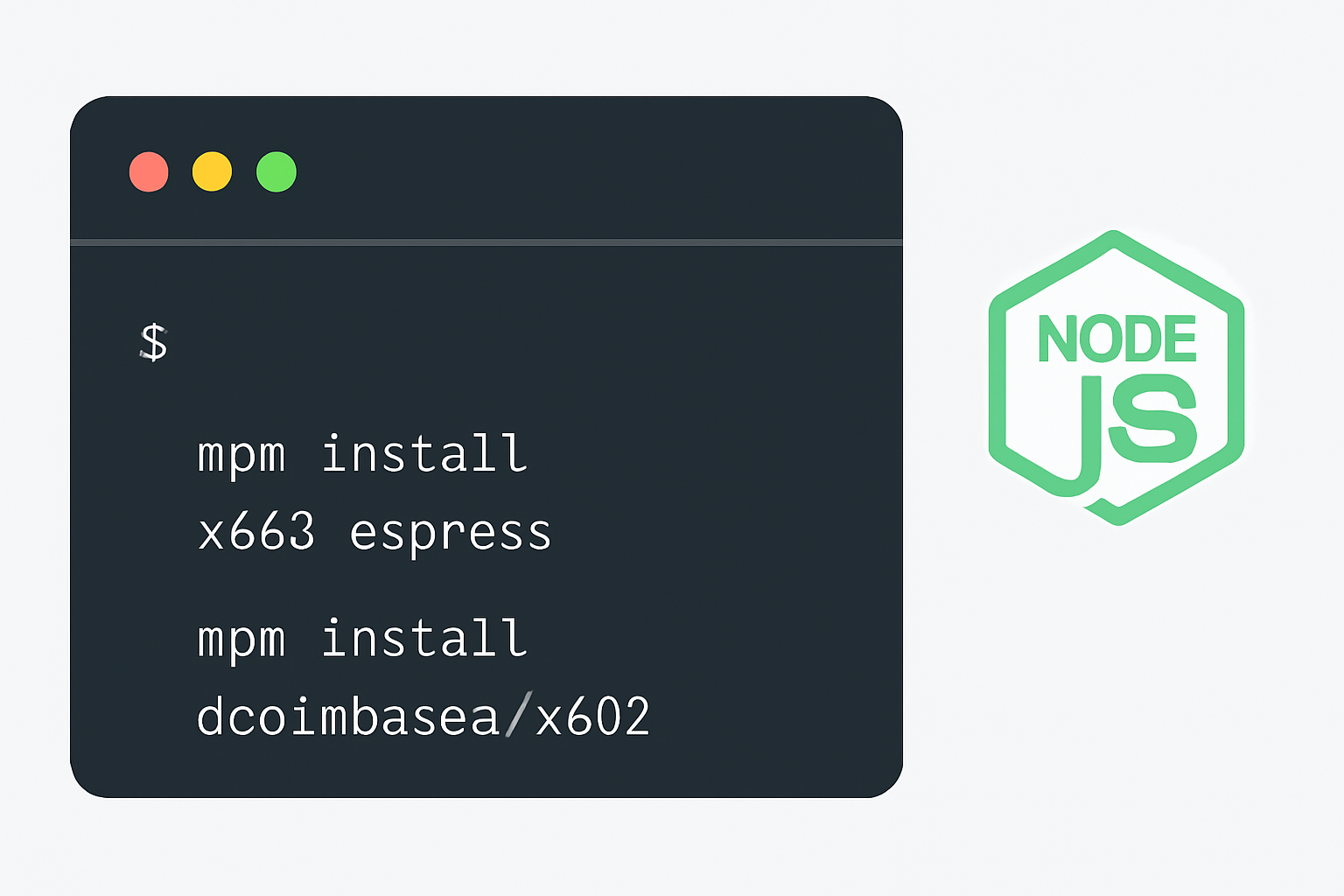 A developer terminal with npm commands for installing x402-express and @coinbase/x402, modern coding environment, Node.js logo visible