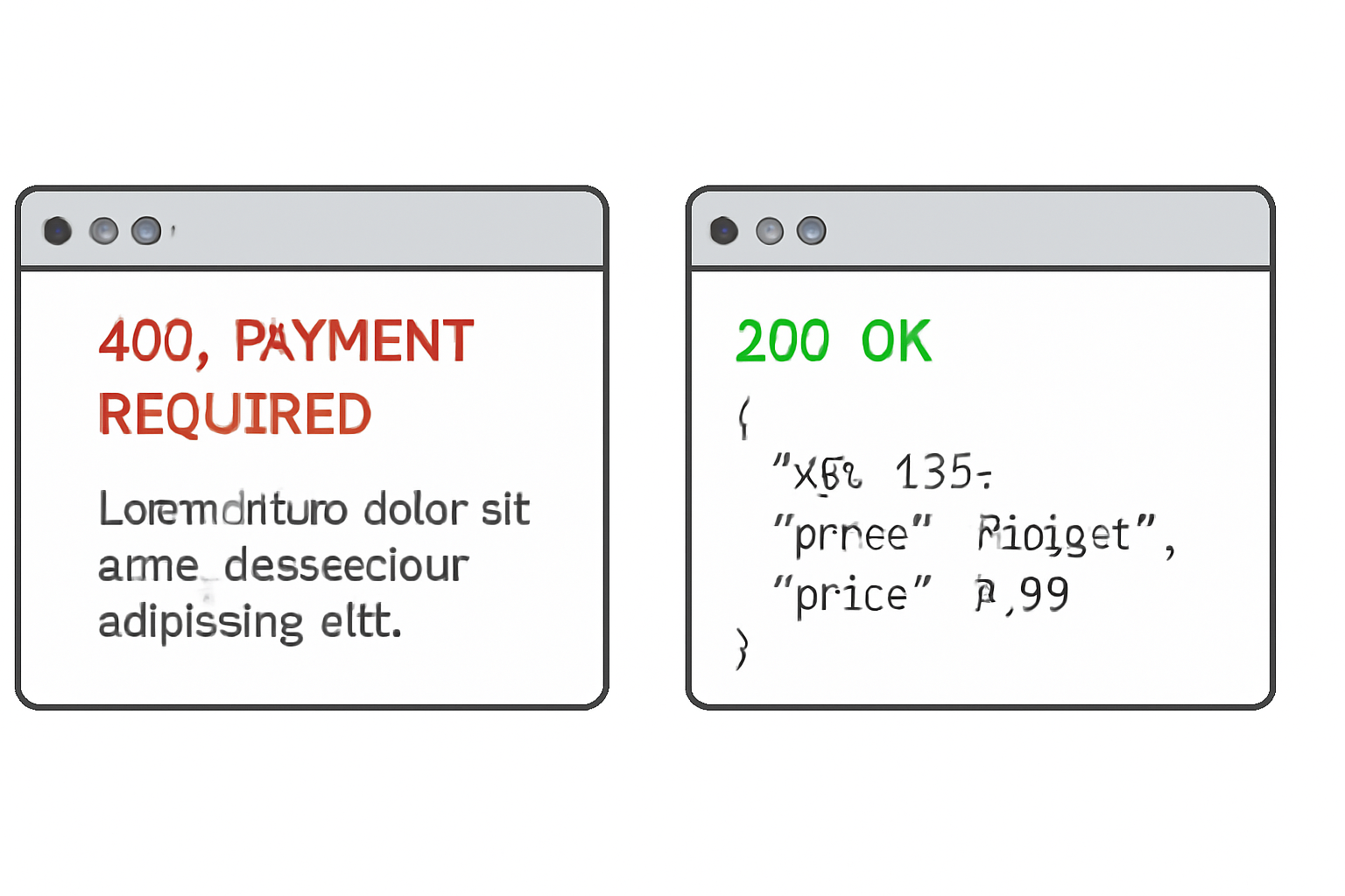 A browser or API client showing a 402 Payment Required response, followed by a successful API response after payment