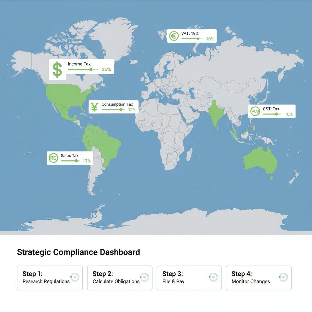 world map highlighting countries with tax icons and percentage sliders, strategic compliance dashboard