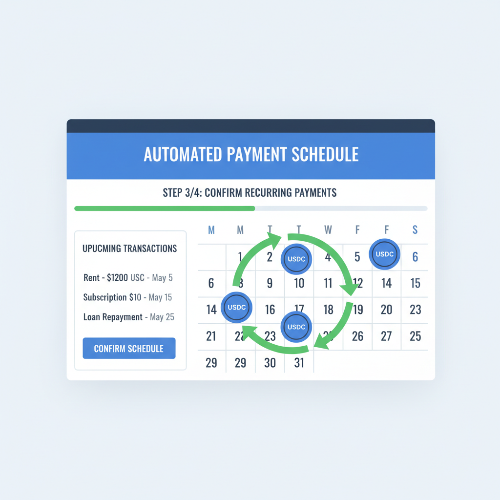 calendar interface with recurring payment arrows and USDC icons, automated schedule view