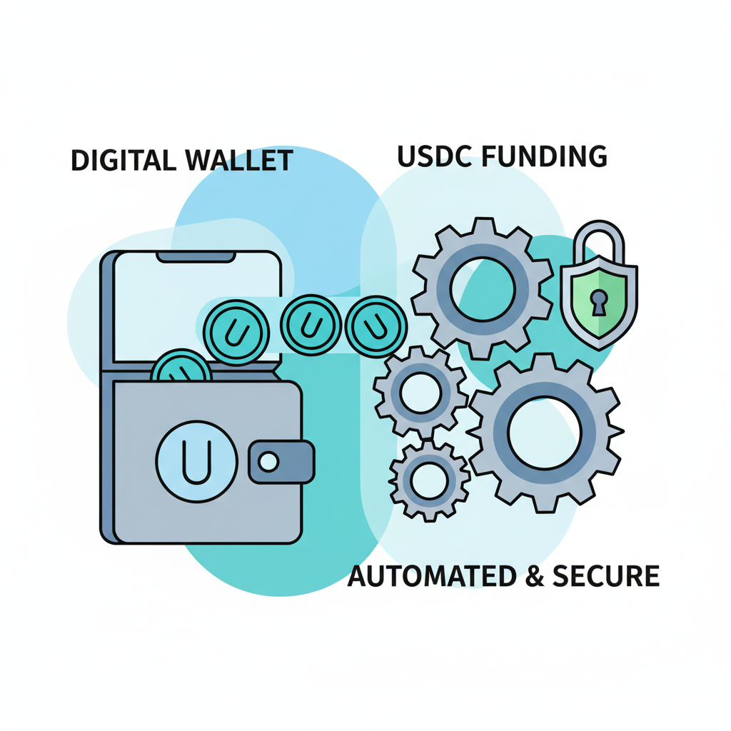digital wallet funding with USDC flowing in, automation gears turning, secure fintech scene