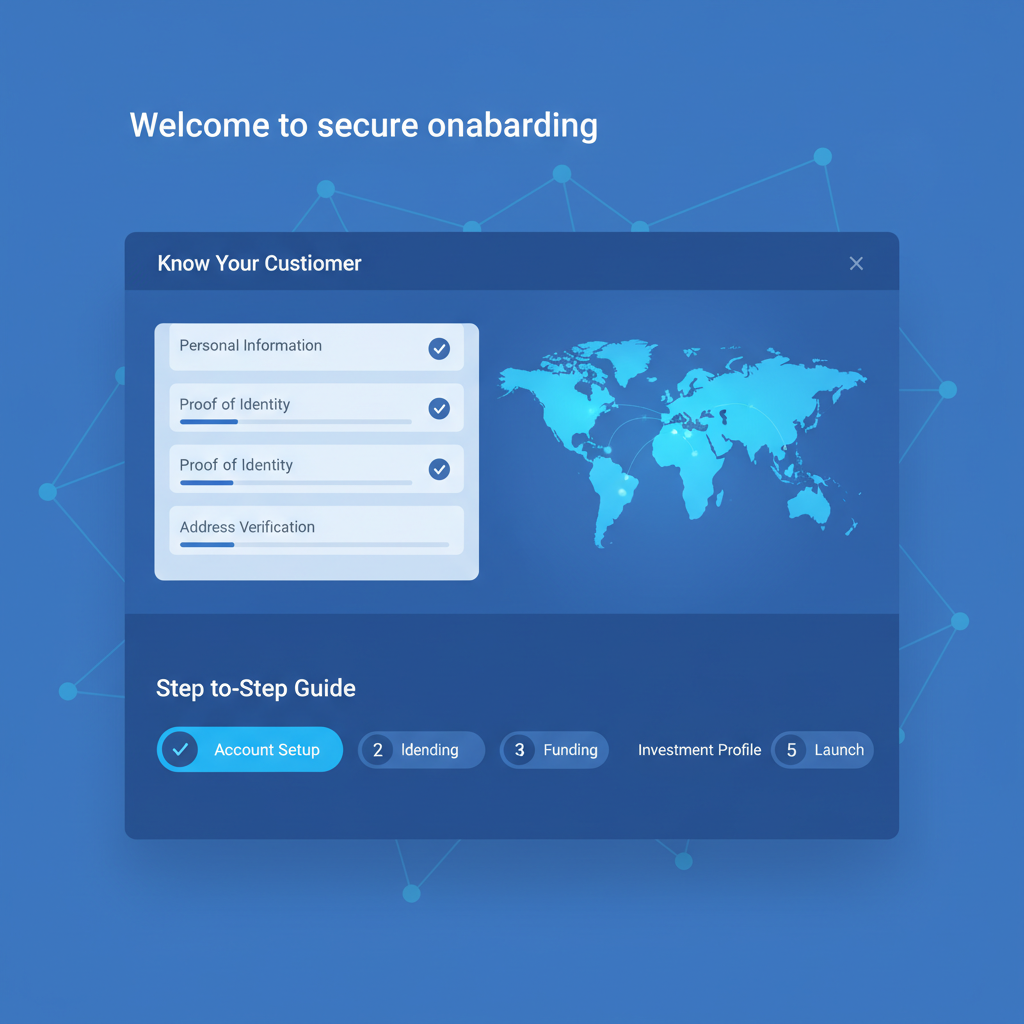 professional digital onboarding dashboard with KYC forms and world map, modern fintech UI, blue tones