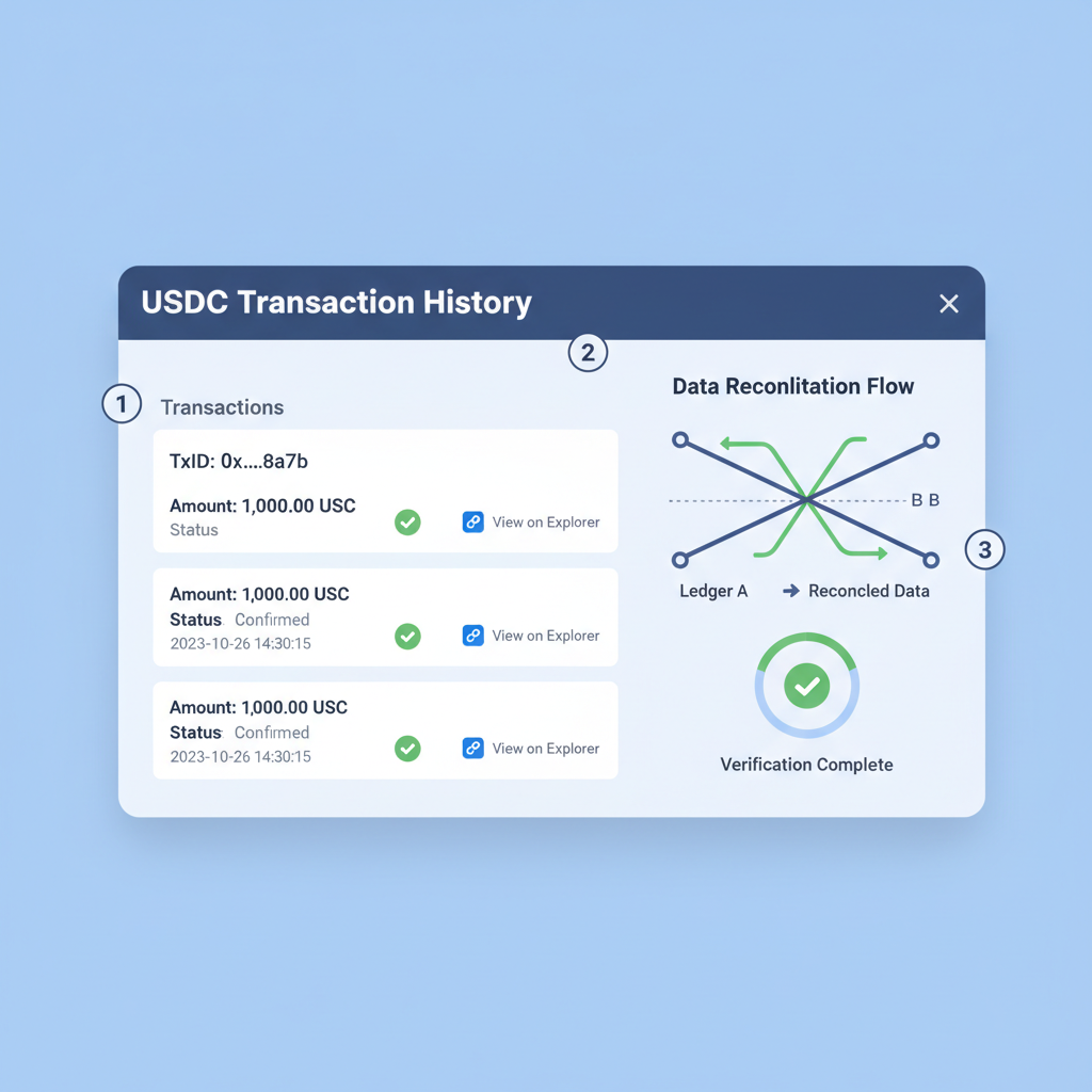 blockchain explorer screen showing USDC transactions with verification checkmarks, data reconciliation graph
