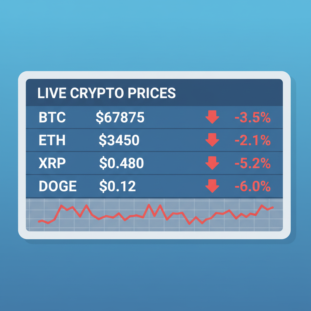 price ticker screen showing BTC $67875 ETH XRP SOL DOGE dipping red, live charts