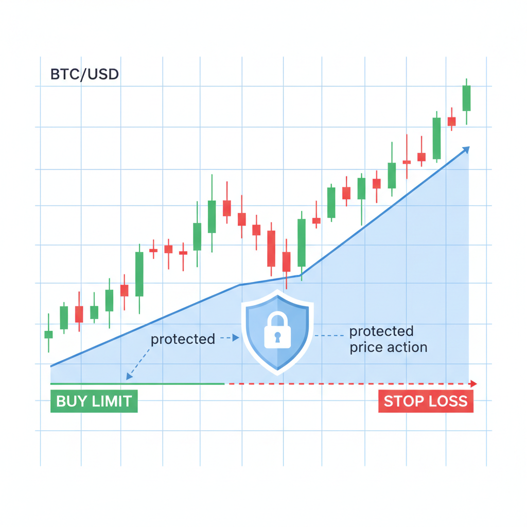 trading chart with stop loss line below buy limit, BTC price action protected