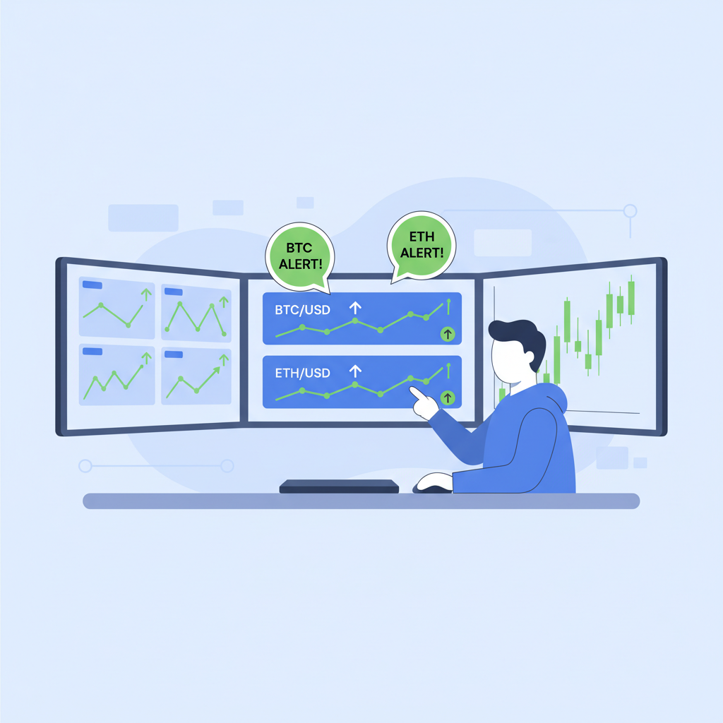trader monitoring multi-chart setup, BTC ETH alerts popping, green signals