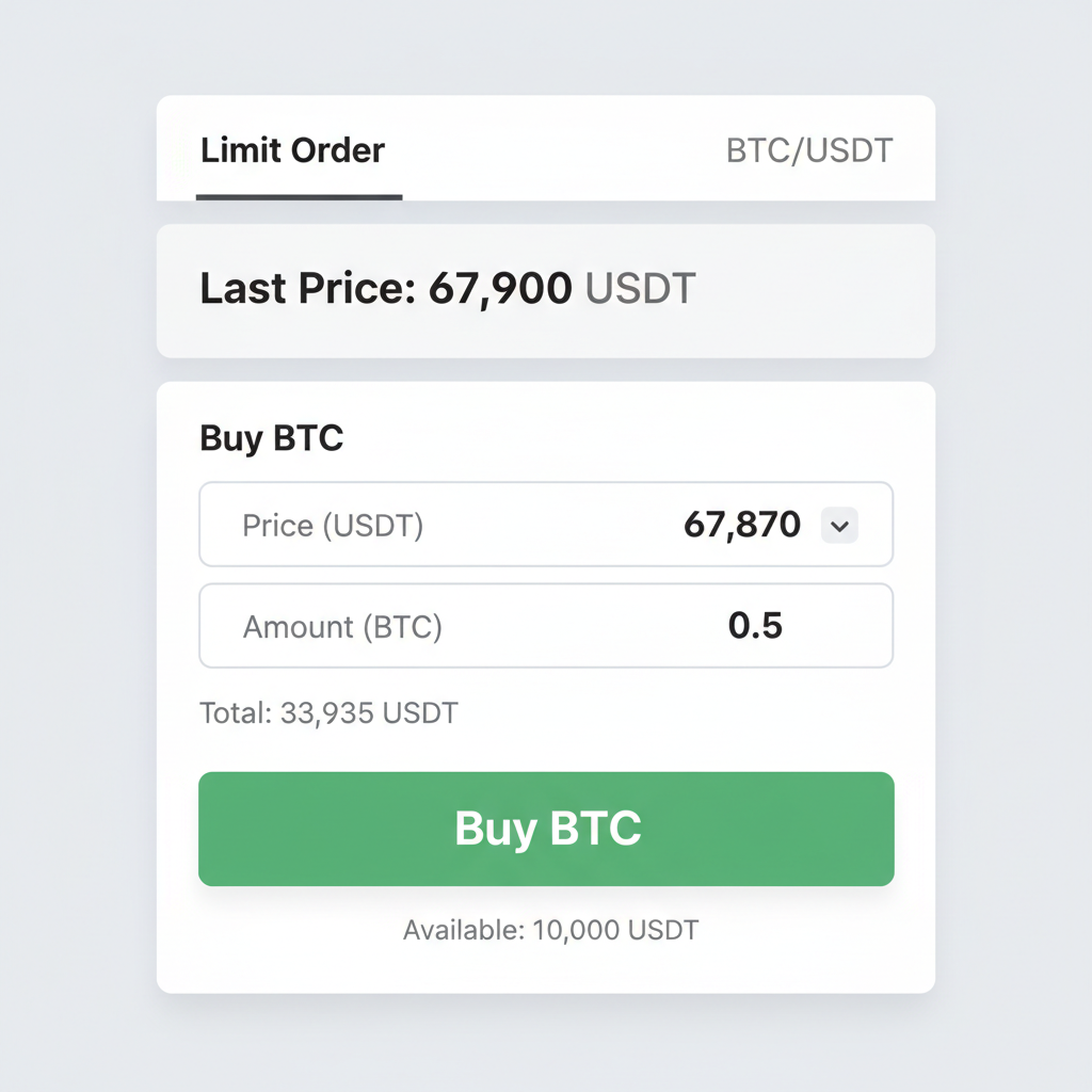 exchange app limit order screen, BTC buy limit below 67875, green buy button