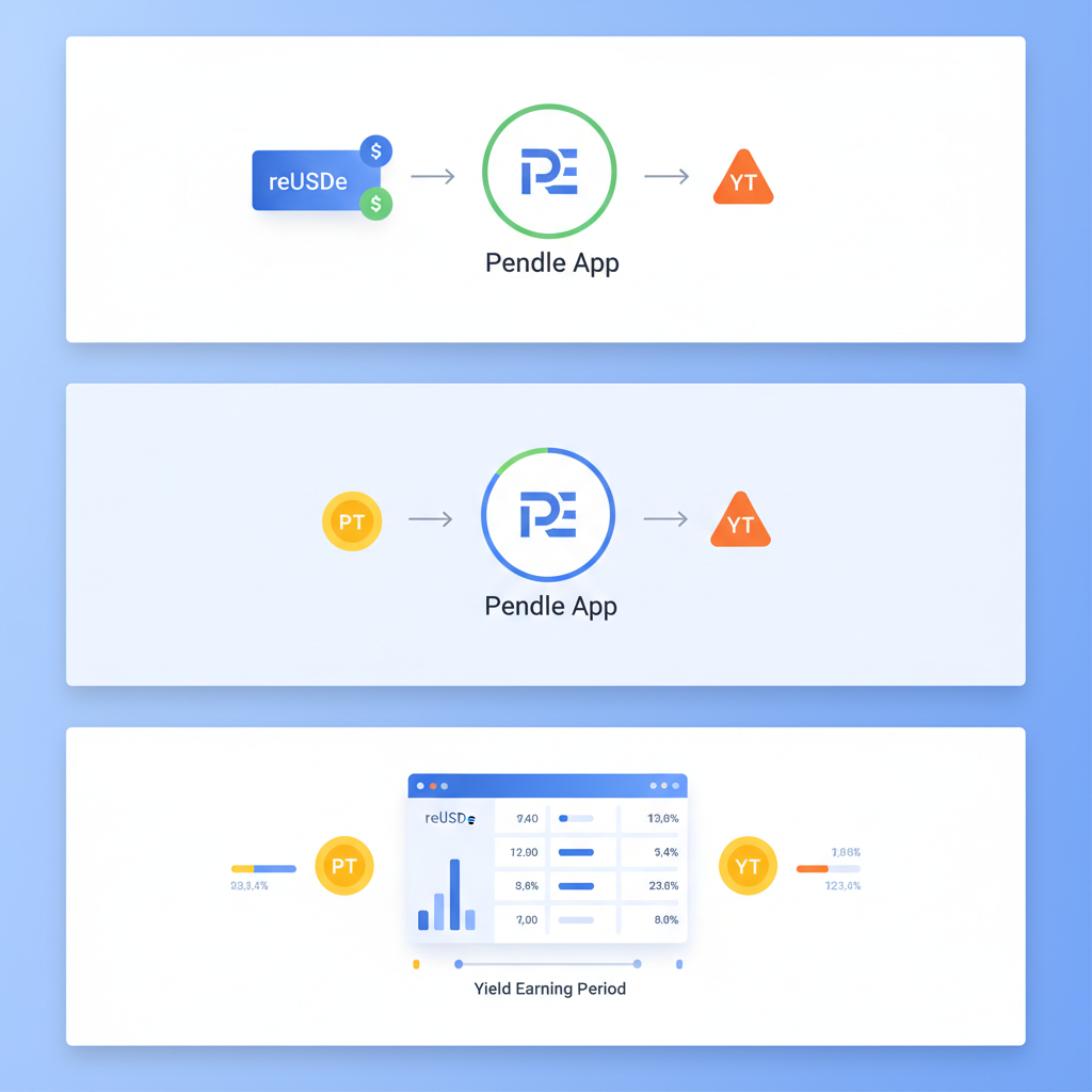 Pendle app splitting reUSDe into PT and YT tokens, sleek DeFi dashboard