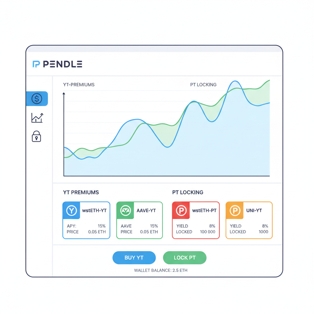 Pendle trading interface for YT premiums or PT locking, charts and tokens