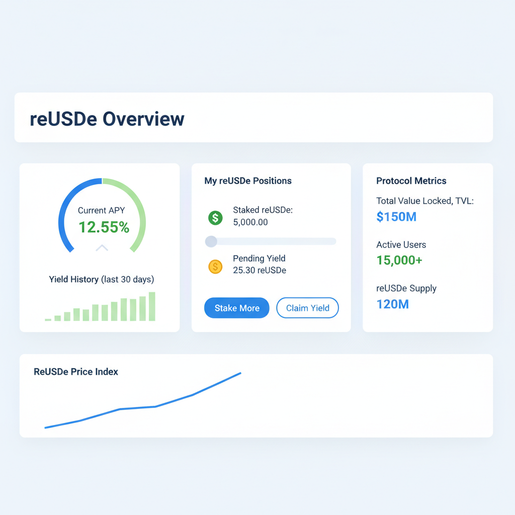 Re Protocol dashboard showing reUSDe yields and positions, modern analytics UI