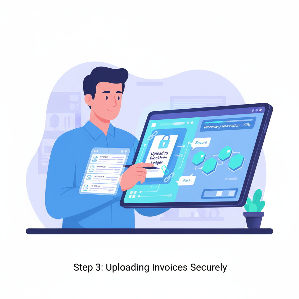 SME owner uploading invoices to blockchain platform dashboard, modern interface, dynamic lighting, professional vibe