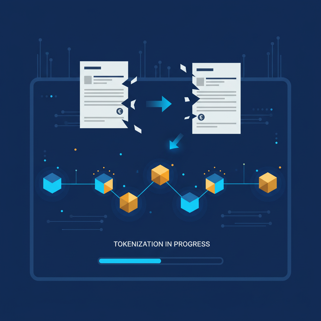 Invoices morphing into glowing blockchain tokens on screen, futuristic tokenization process, vibrant blues and golds