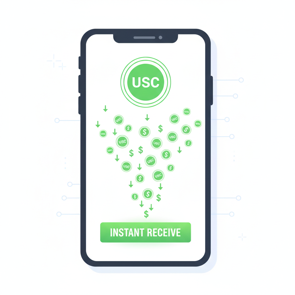 Digital wallet receiving instant USDC flow, exploding liquidity burst, energetic green stablecoin icons raining down