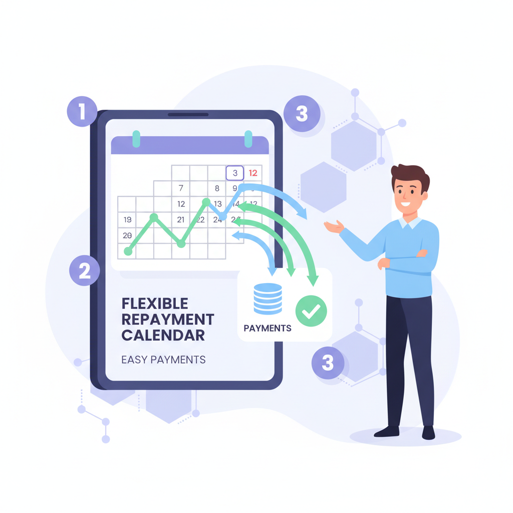 Flexible repayment calendar on blockchain app, smooth arrows showing easy payments, confident business user smiling