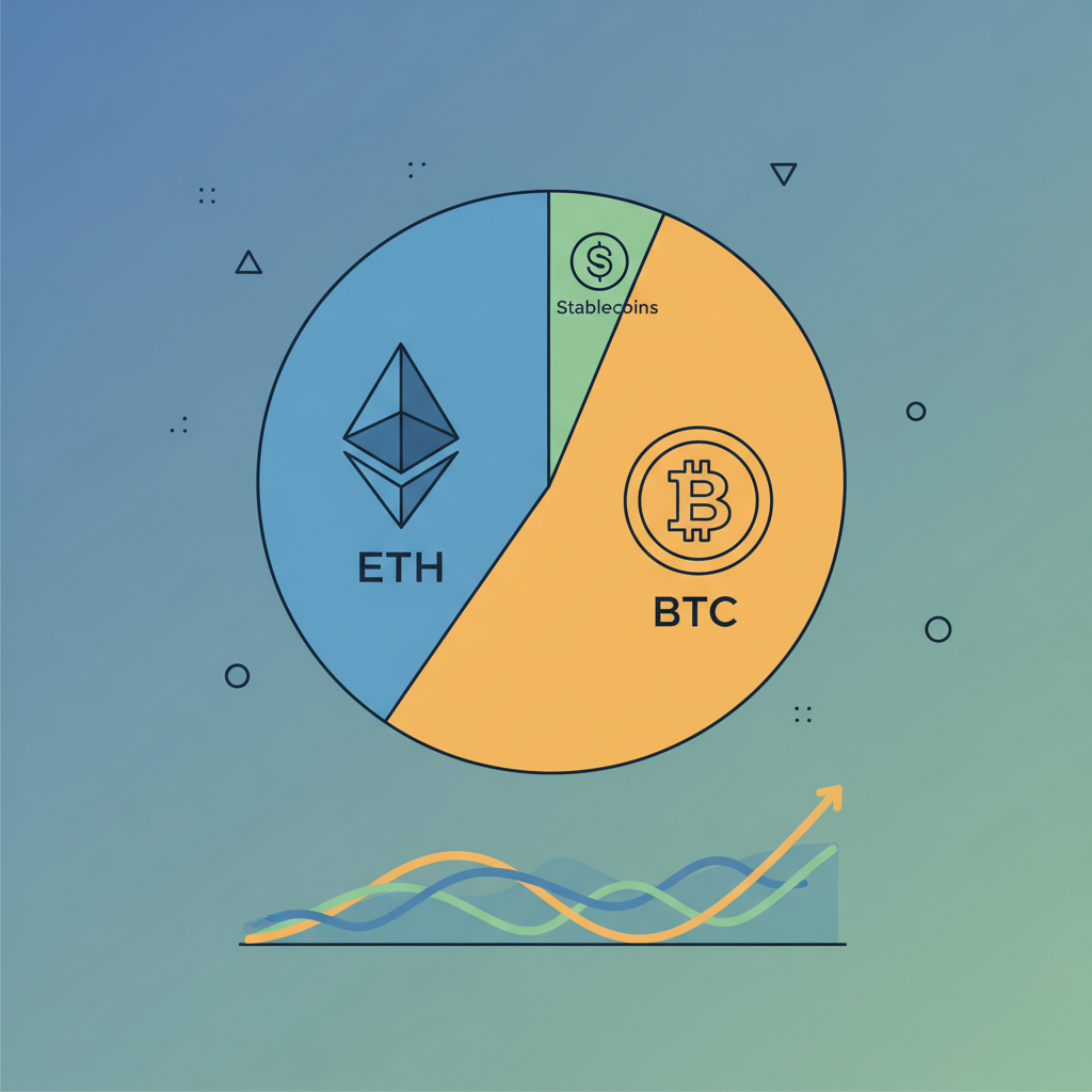 diversified crypto portfolio with stablecoins ETH BTC icons stable graph background
