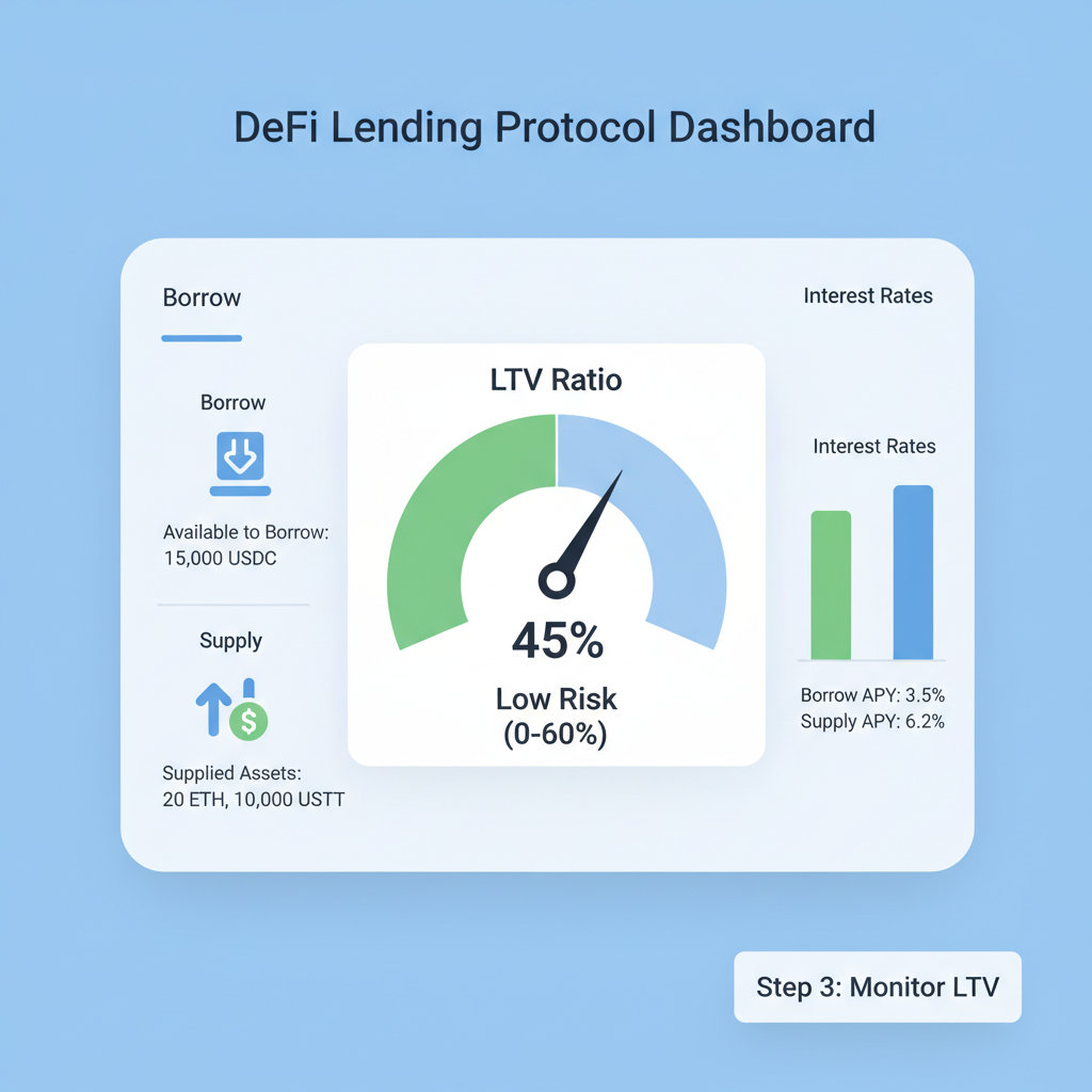 dashboard showing LTV ratio chart low green zone DeFi lending interface