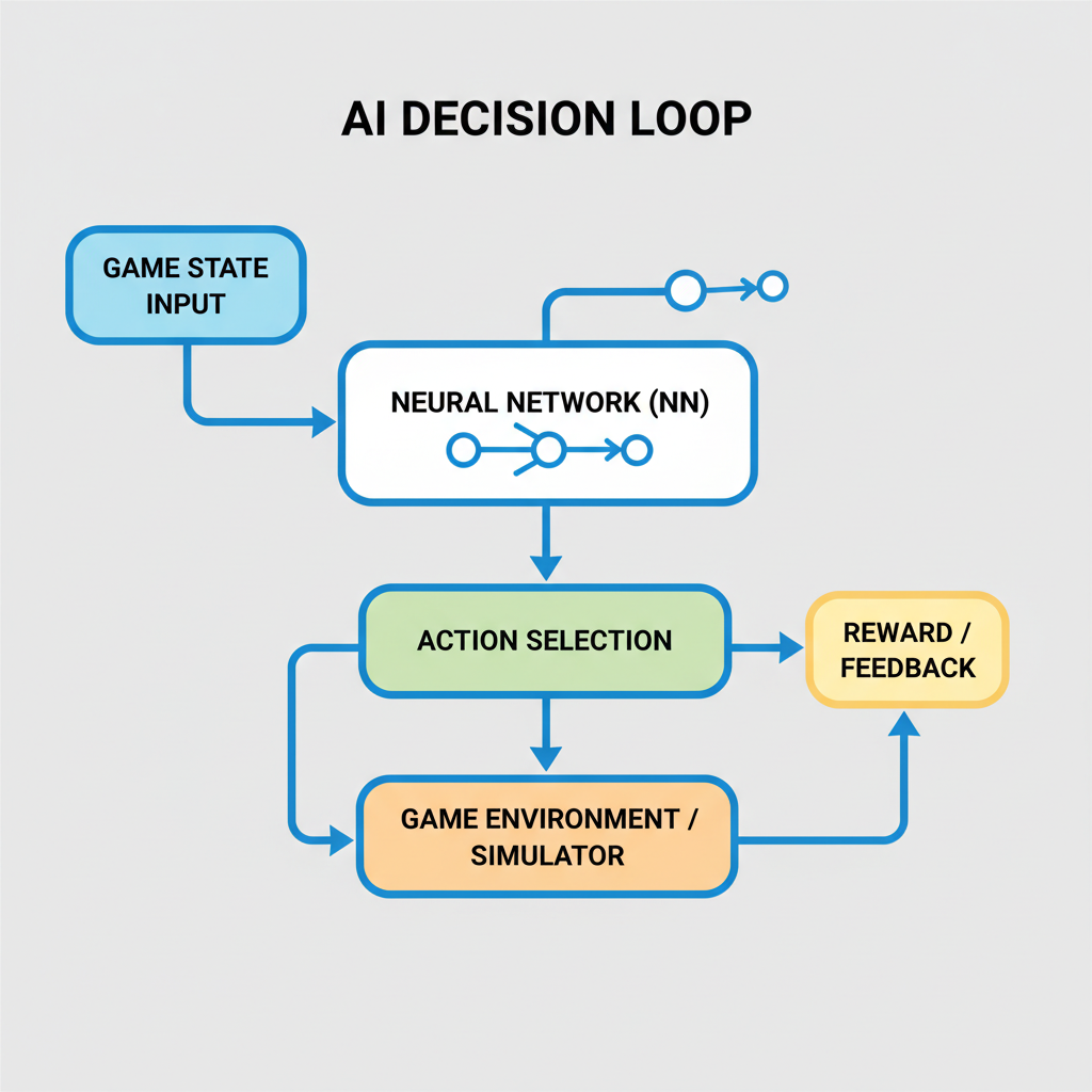 Flowchart of AI decision loop, neural networks connecting game states to actions