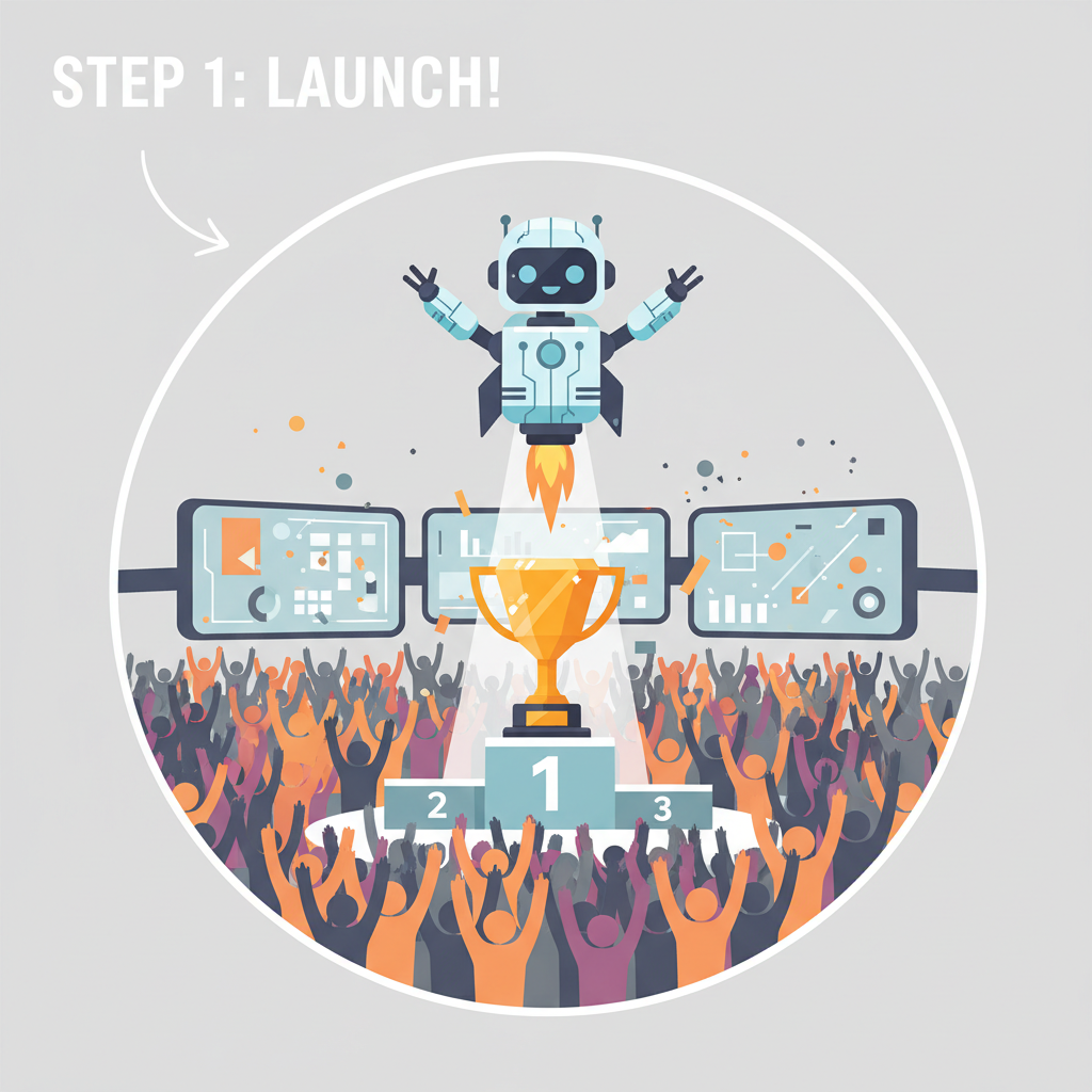 AI bot launching into esports arena, trophy podium with cheering crowds