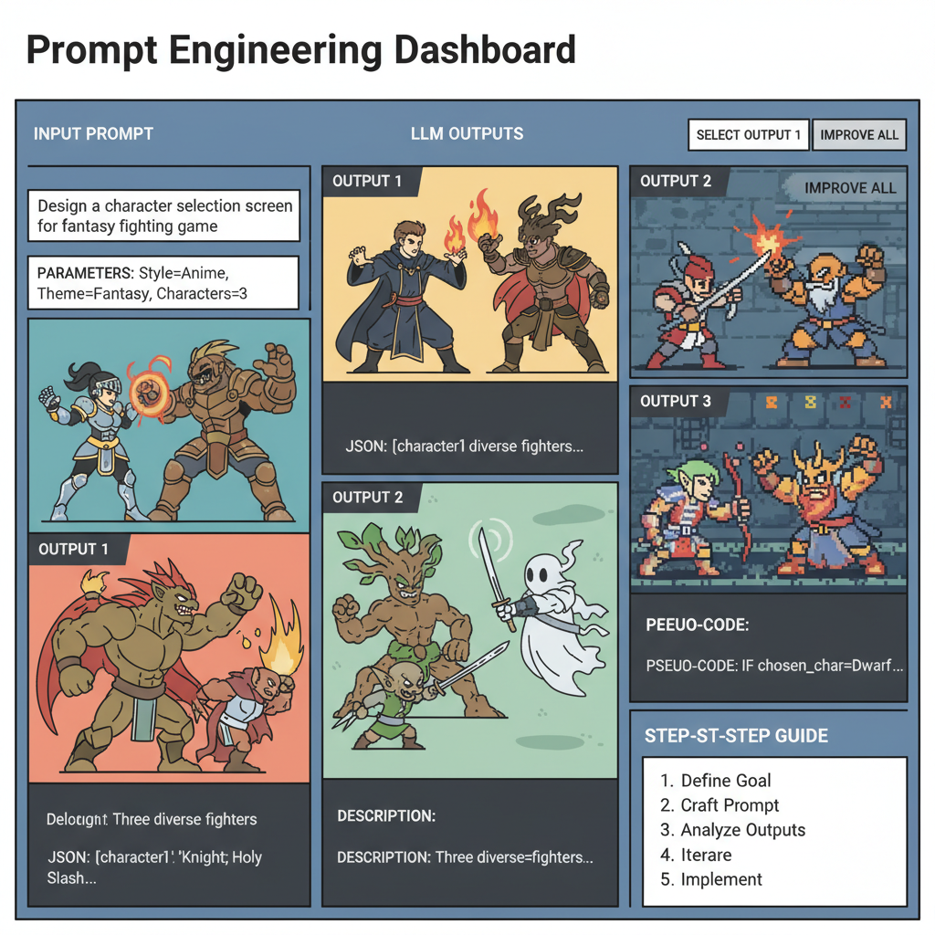 Prompt engineering dashboard with LLM outputs, fighting game characters battling