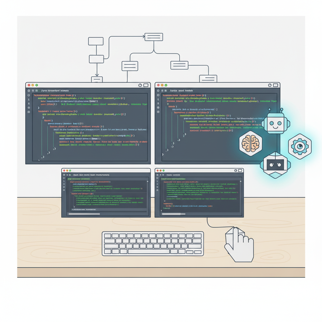 Developer workstation with code editors, Python terminals, AI bot icons glowing