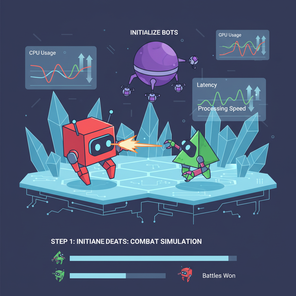 Multiple AI bots battling in virtual arena, performance graphs overlayed