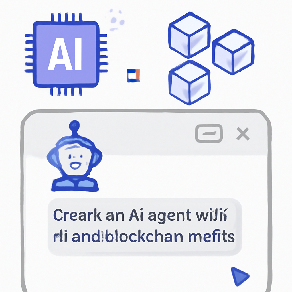 A chat interface where a user types a natural language prompt to create an AI agent, with AI and blockchain motifs.
