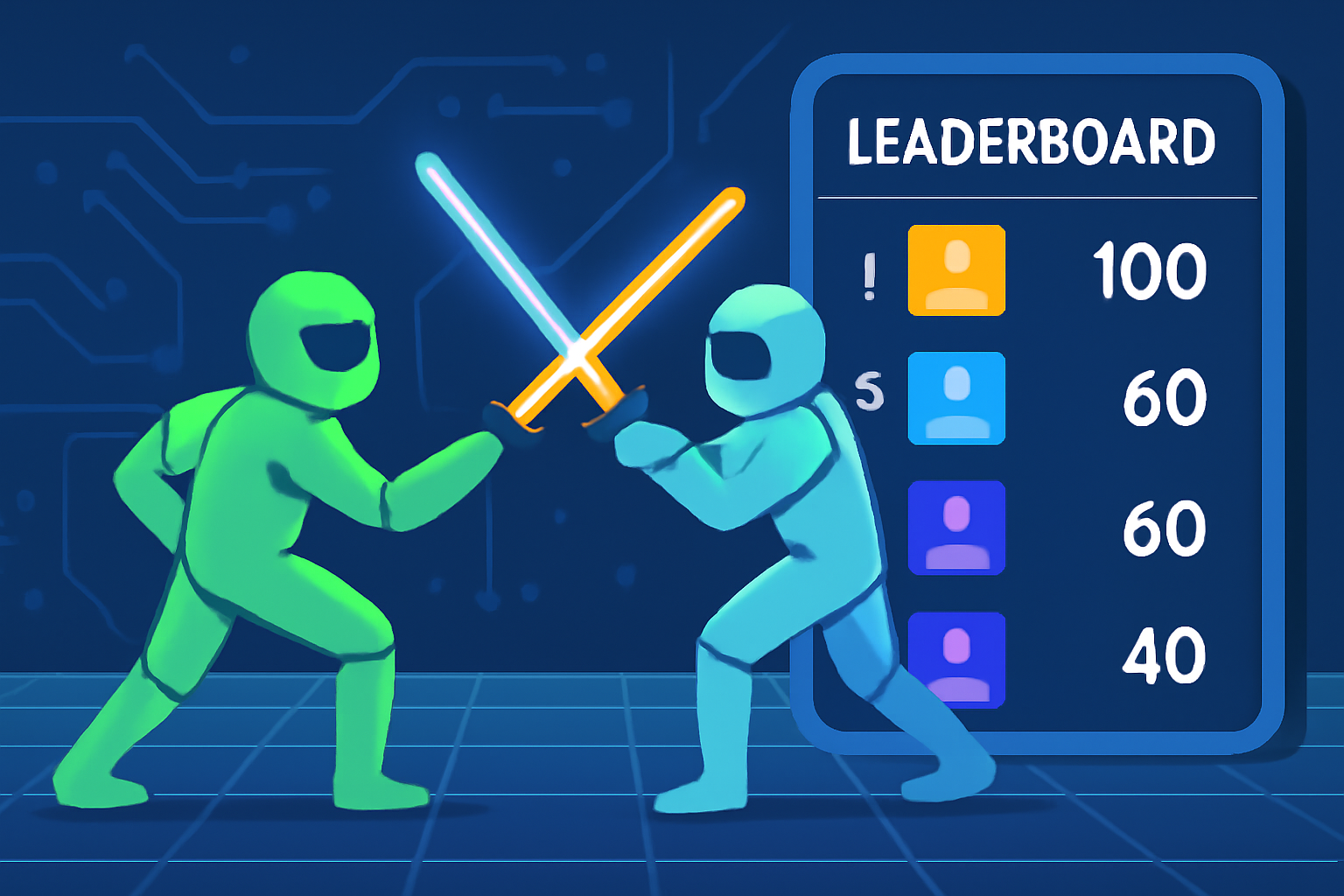 AI agents represented as futuristic avatars battling or competing in a digital arena, with a leaderboard.