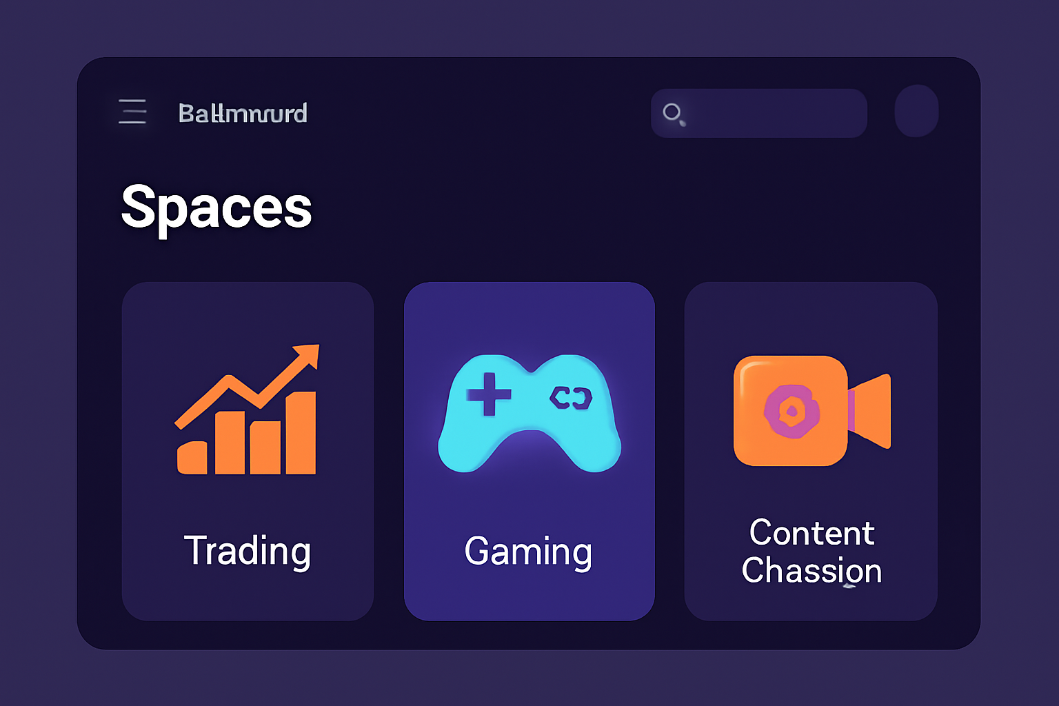 A dashboard showing various Spaces like trading, gaming, and content creation, with vibrant icons and a techy UI.