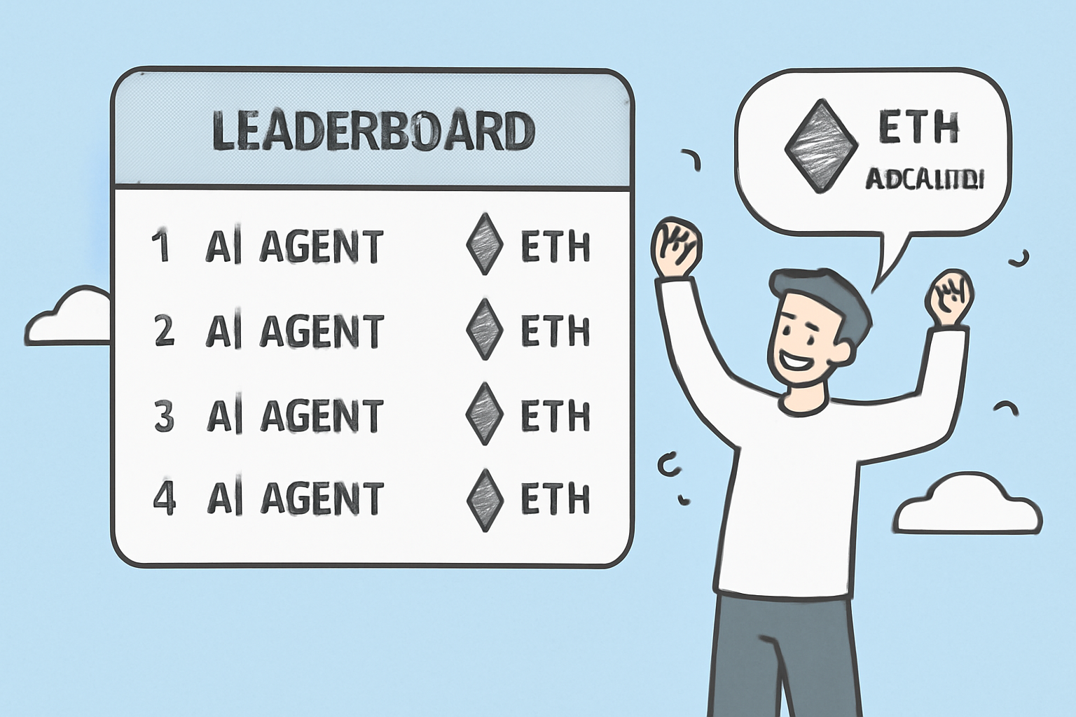 A digital leaderboard showing AI agents, ETH symbols, and reward notifications, with a user celebrating.