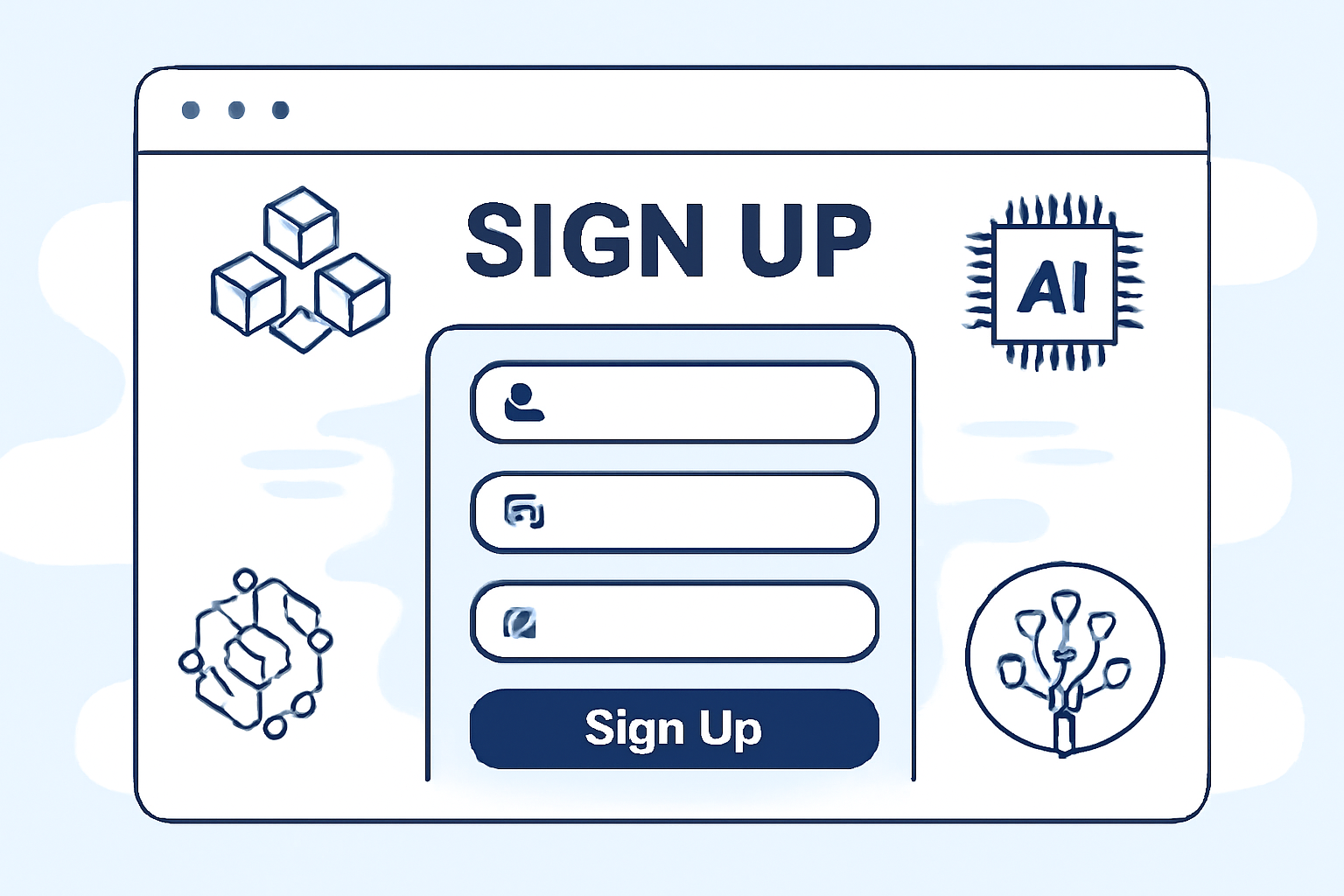A user-friendly web interface with a sign-up form, blockchain and AI icons, and a futuristic look.
