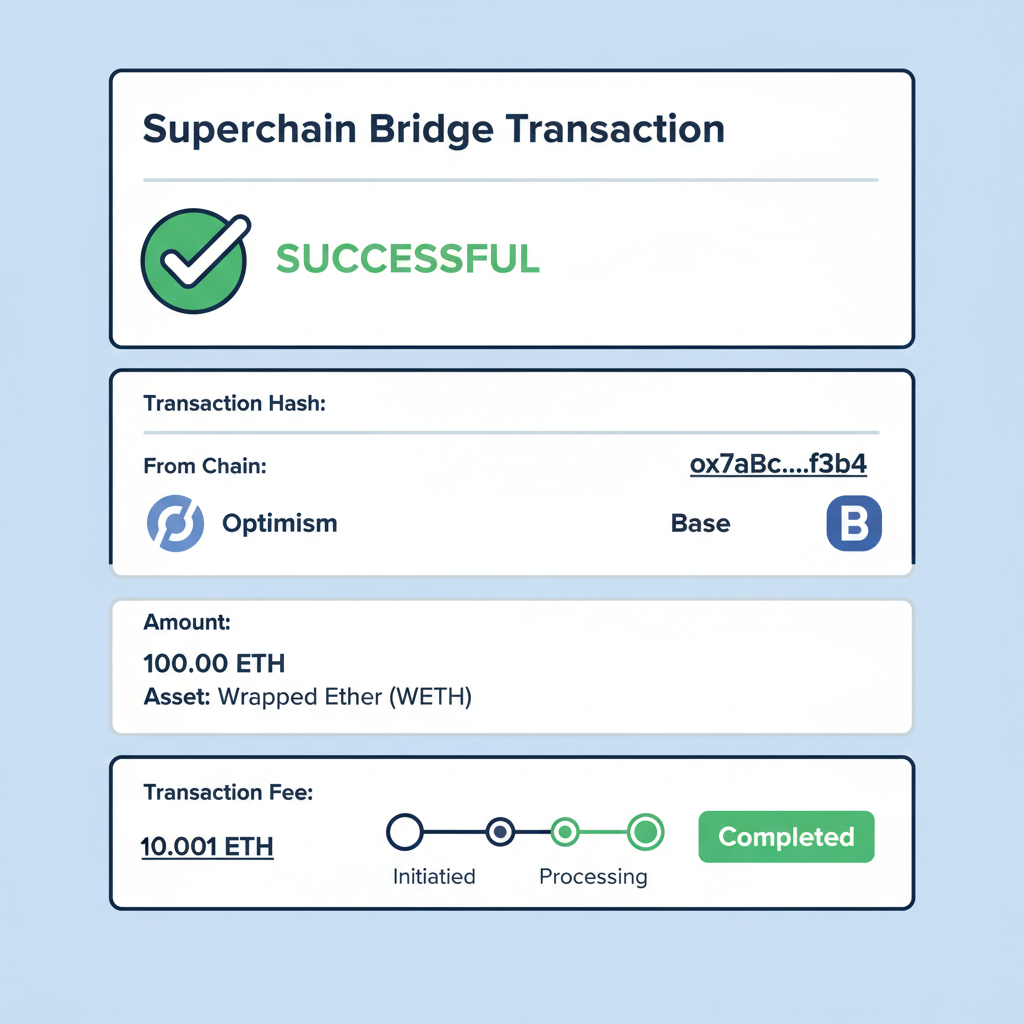 blockchain explorer dashboard showing successful Superchain bridge transaction details