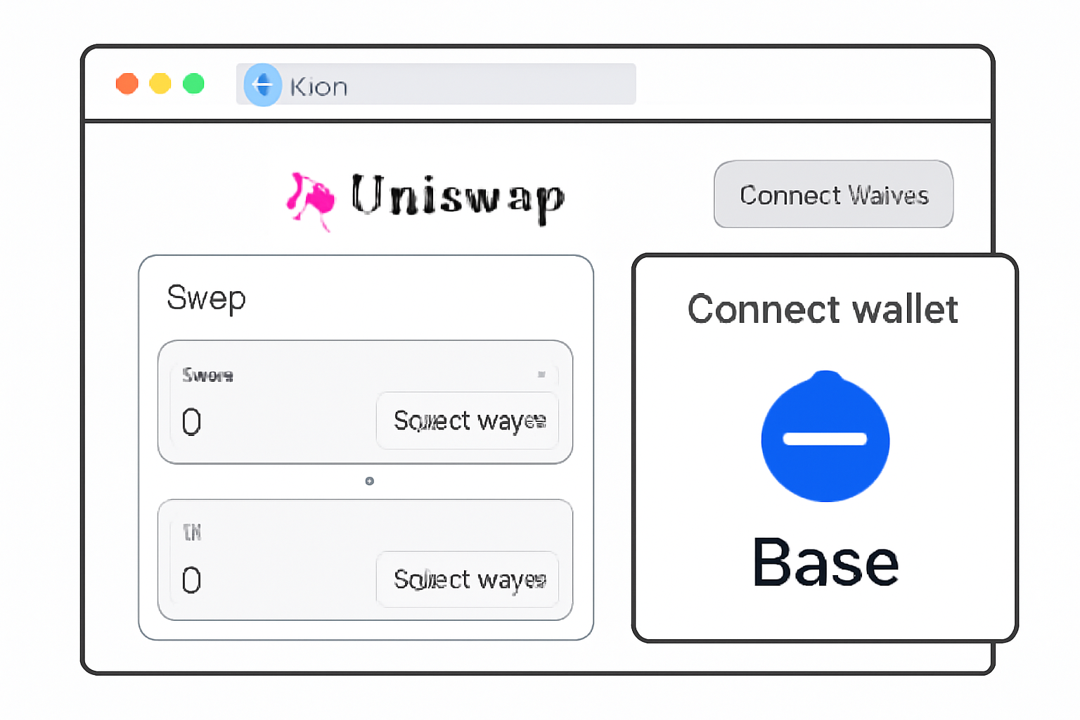 A web browser displaying Uniswap on the Base network, with a wallet connection popup and Base logo.