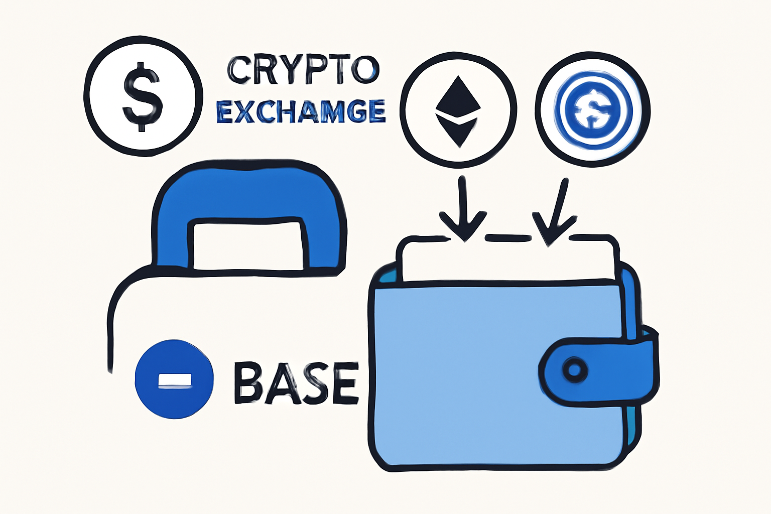 A digital wallet receiving ETH and USDC, with arrows indicating transfer from a crypto exchange, Base chain symbols included.