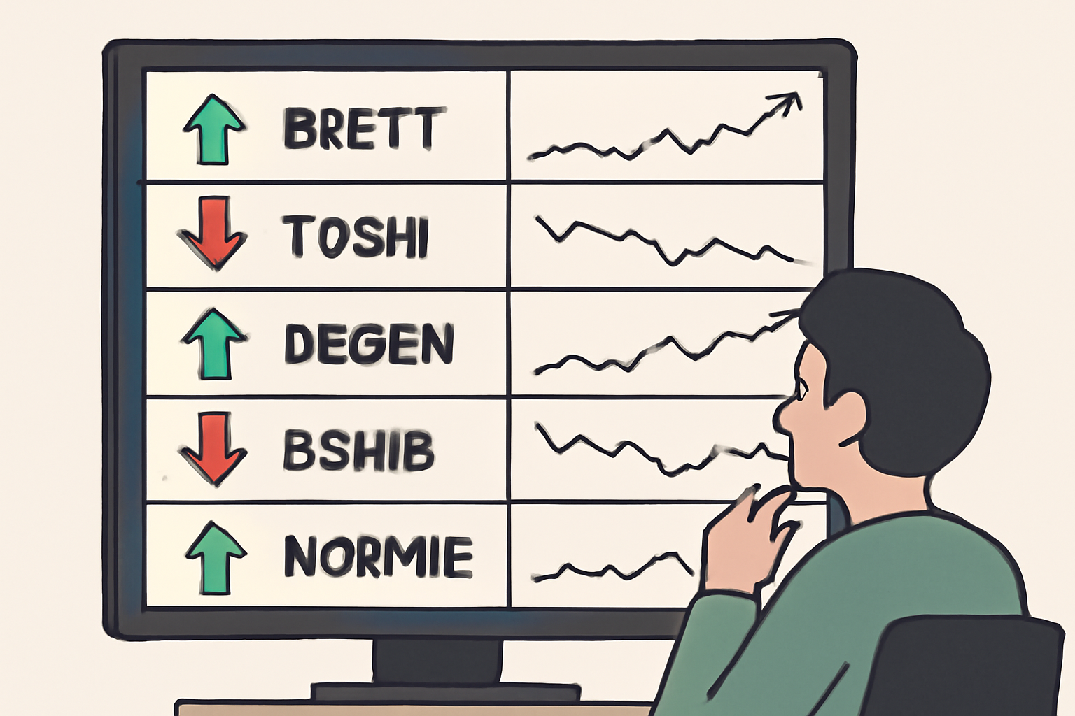 A digital dashboard displaying price charts for BRETT, TOSHI, DEGEN, BSHIB, and NORMIE, with upward and downward arrows, and a user monitoring the screen.