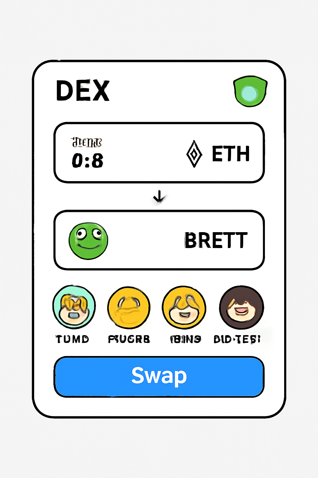 A DEX interface showing a swap from ETH to a meme coin, with icons for BRETT, TOSHI, DEGEN, BSHIB, and NORMIE, and a security checkmark.