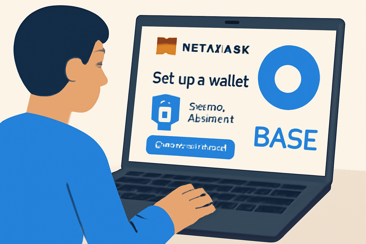 A user setting up a MetaMask wallet on a laptop, with Base blockchain logo visible, modern interface, clear security emphasis.