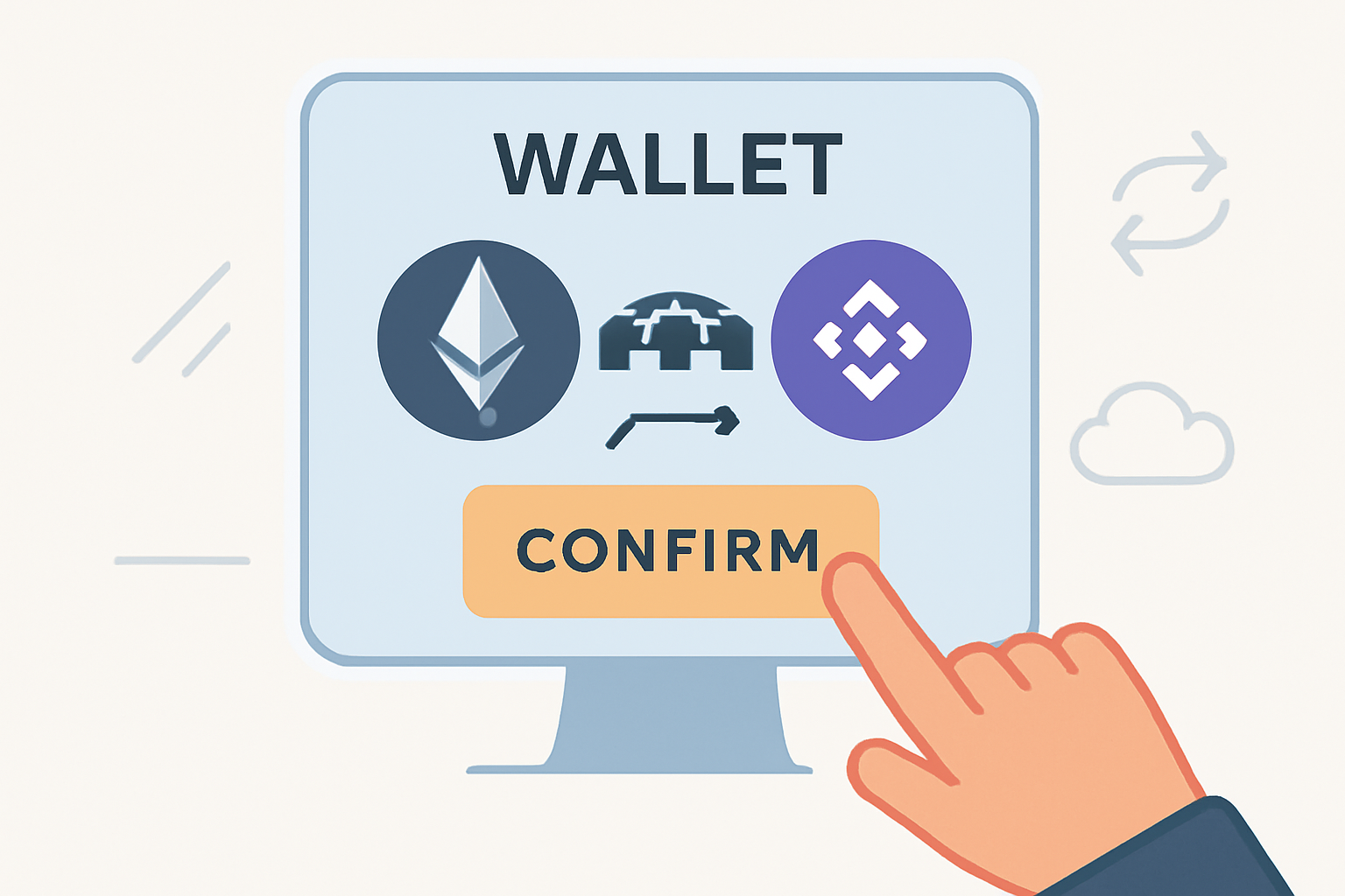 A user clicking 'Confirm' on a unified wallet, with visual elements indicating automated bridging and swapping between blockchains