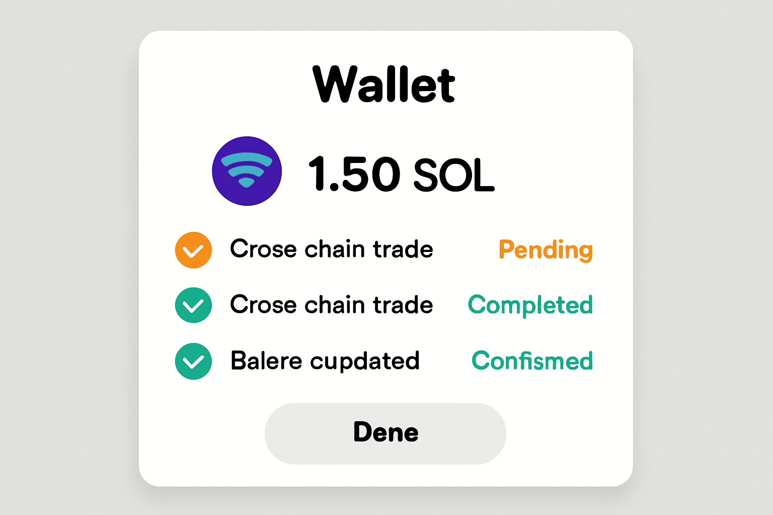 A unified wallet interface showing transaction status updates and a refreshed balance for SOL on Solana after a cross-chain trade