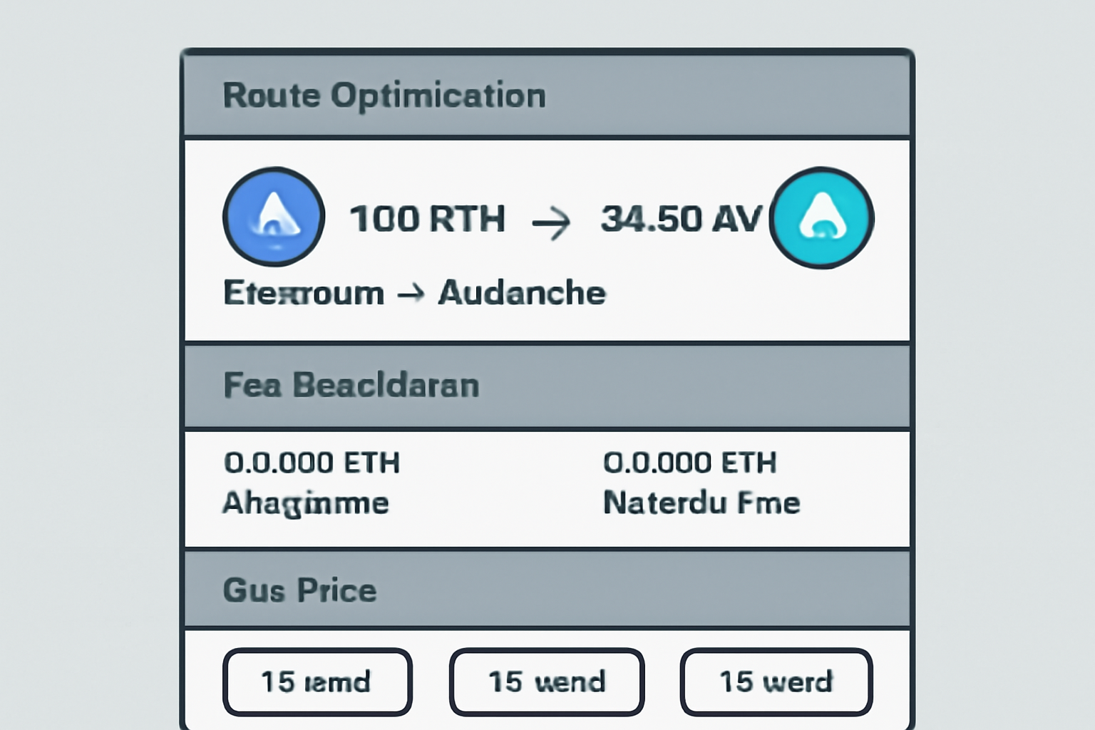 A technical interface showing route optimization, fee breakdowns, and gas price recommendations for a cross-chain swap