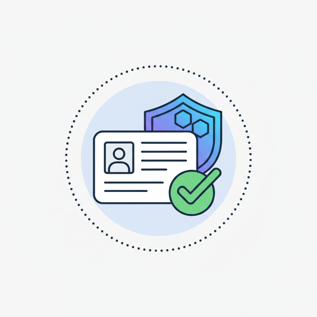 simple icon of ID verification process with checkmark and blockchain shield