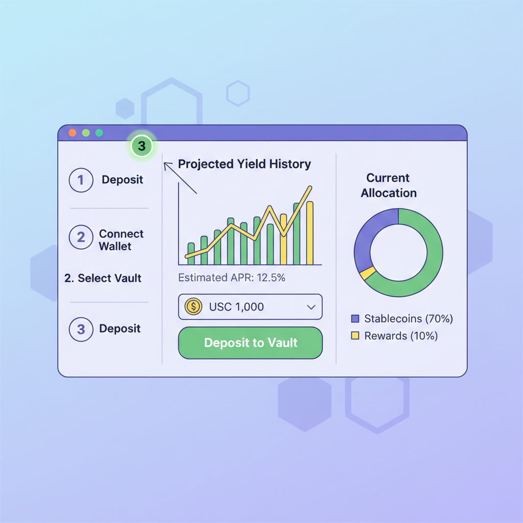 deposit stablecoins into DeFi vault interface with yield graphs
